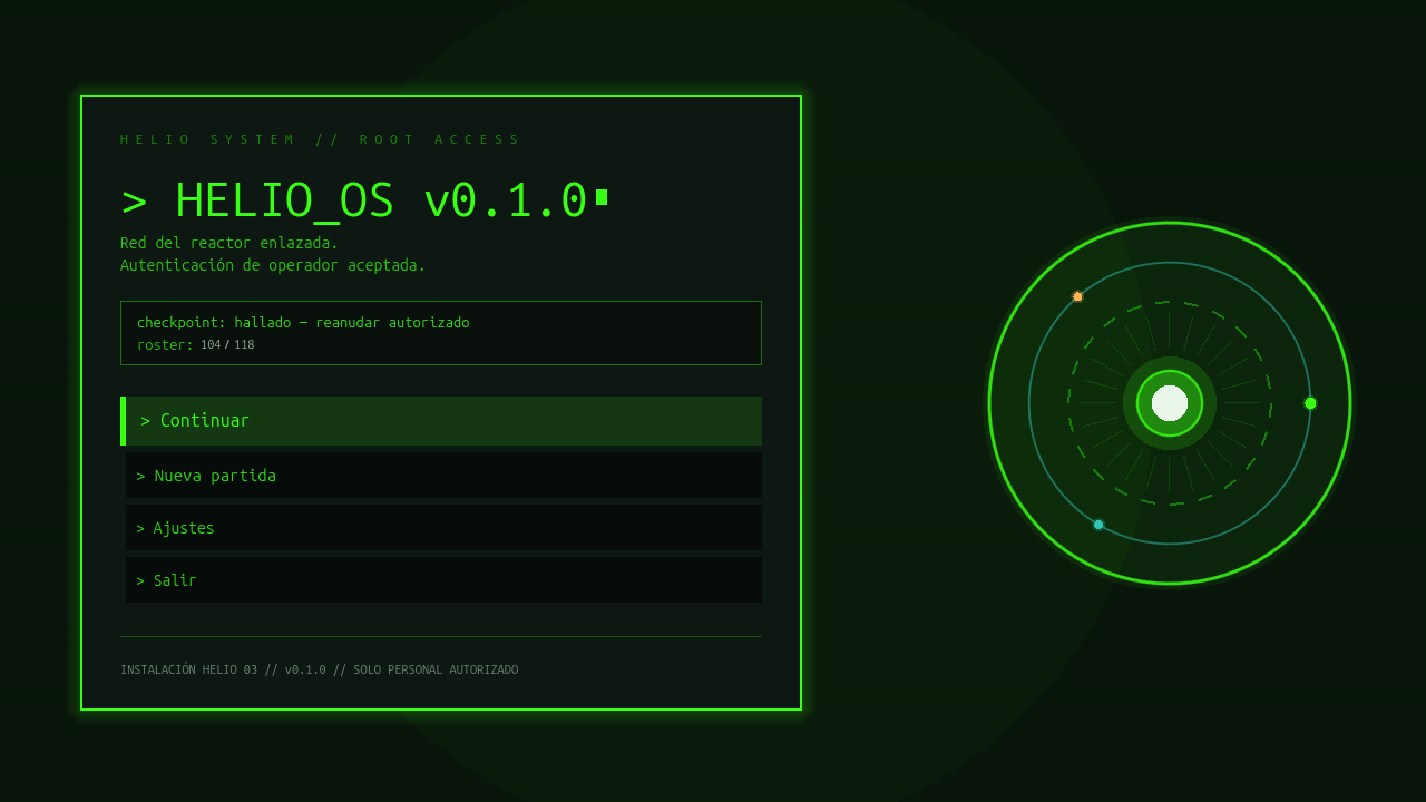 Menú de arranque HELIO_OS con terminal y emblema del reactor